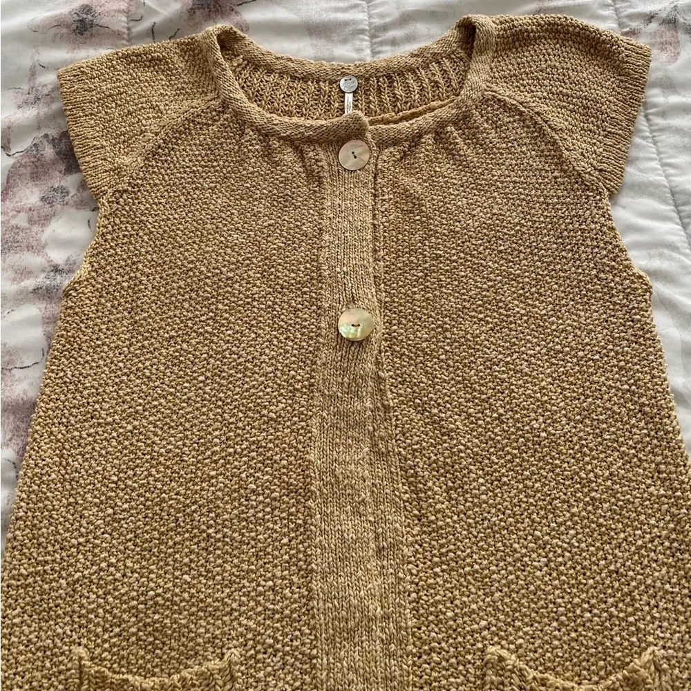 Margaret O’Leary gold tan knit shirt sleeve cardigan with pockets, size L boho - Image 14