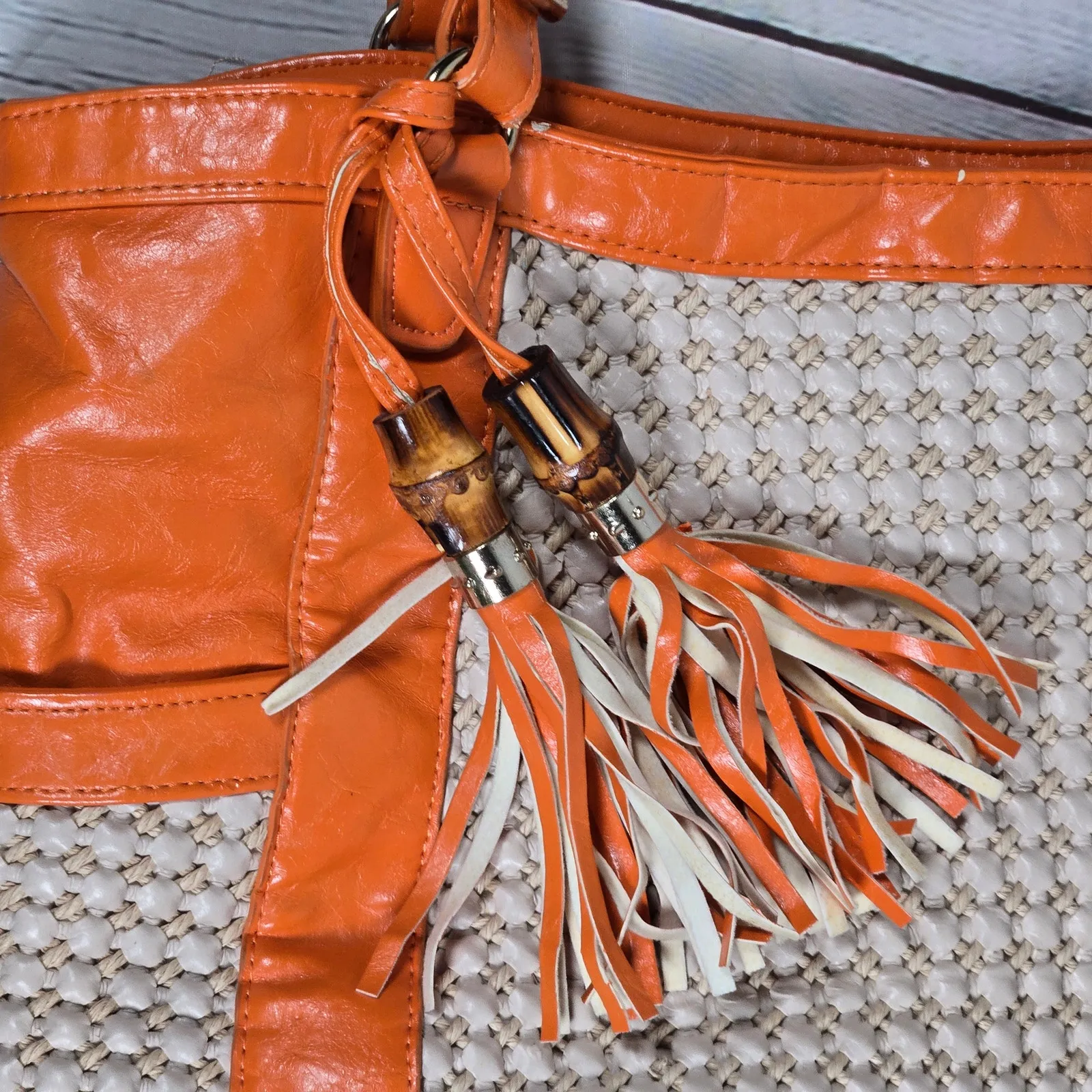 BIG BUDDHA‎ Orange Woven Leather Tassel Tote Bag - Image 6