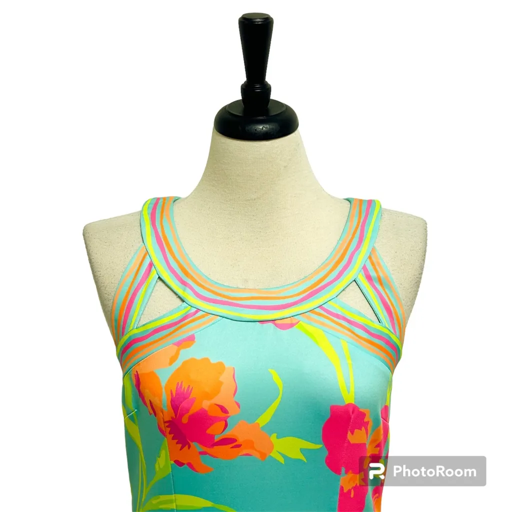 Gretchen Scott Isosceles Seafoam Green Neon Floral Sleeveless Shift Dress Large - Image 2