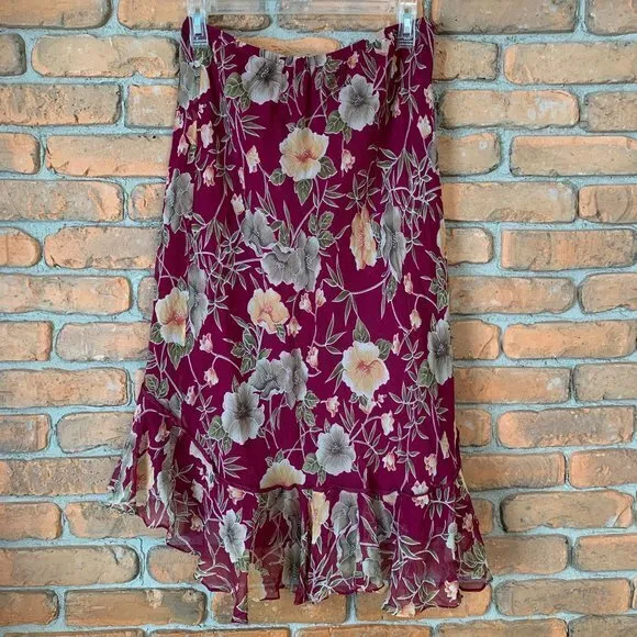 Robbie Bee Petite Floral Ruffle‎ Midi Skirt Burgundy Silk Women's Size 10P VTG - Image 2