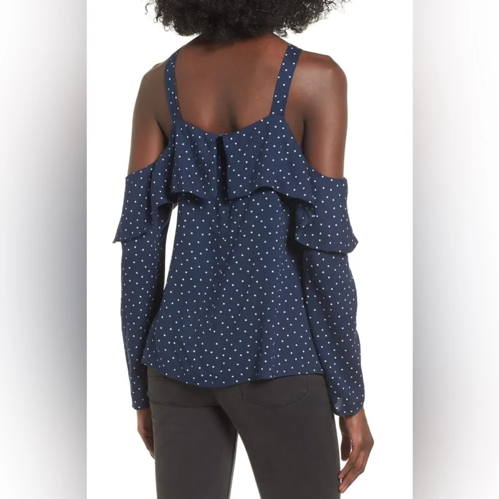 WAYF Navy Polka Dot Cold Shoulder Blouse - Image 3