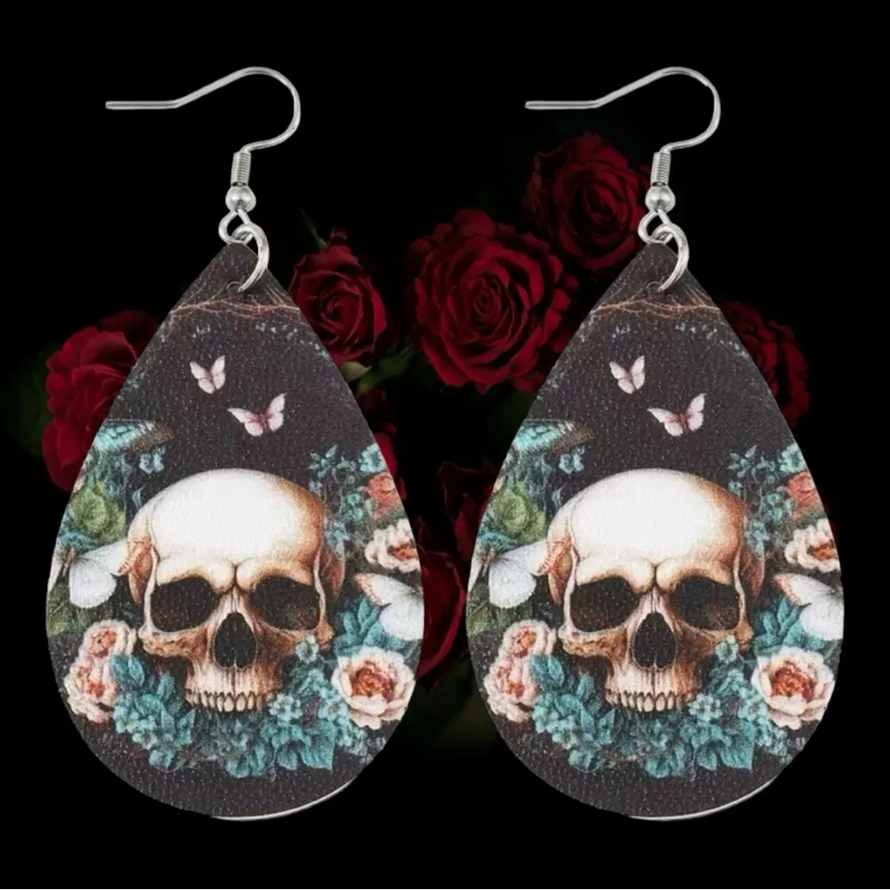 Colorful Skull Flower Pattern Teardrop Dangle Halloween Earrings Faux Fashion Je - Image 6