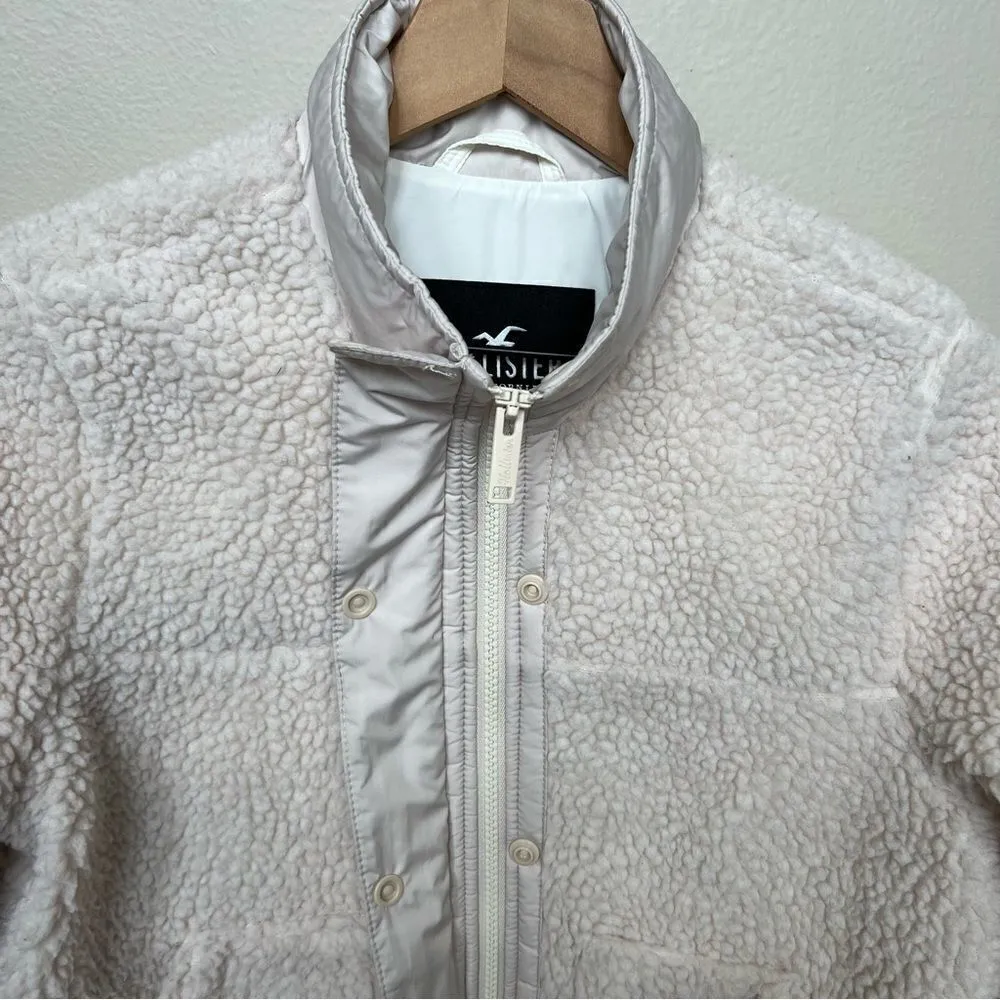 Hollister Cream Sherpa Bomber Jacket Full Zip with Snaps Size XS Off White - Image 11