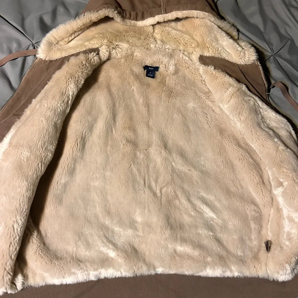 Vintage Y2K Gap Faux Fur Lined Hoodie Vest Cream Tan Womens Medium - Image 5