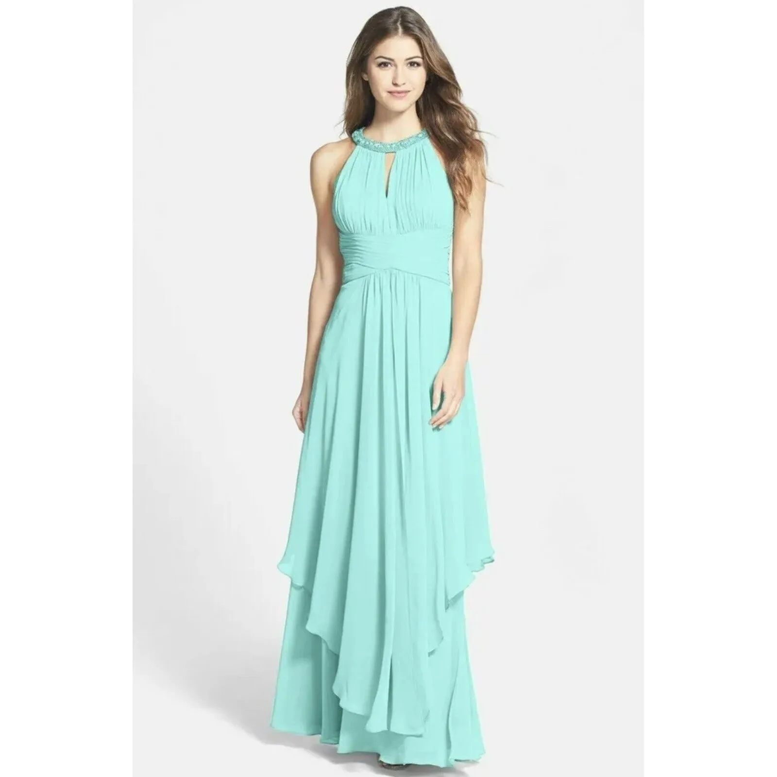 $240 ELIZA J Embellished Tiered Chiffon Halter Gown formal AQUA WHISPER‎ 4 - Image 6