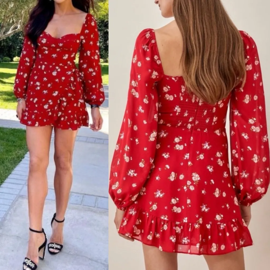 Reformation Cammi Floral Ruffle Wrap Mini Dress Cassia Red White - Image 5