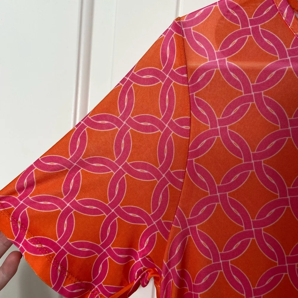 NWOT Top It Off women’s pink orange patterned tshirt dress knee length stretch S - Image 2