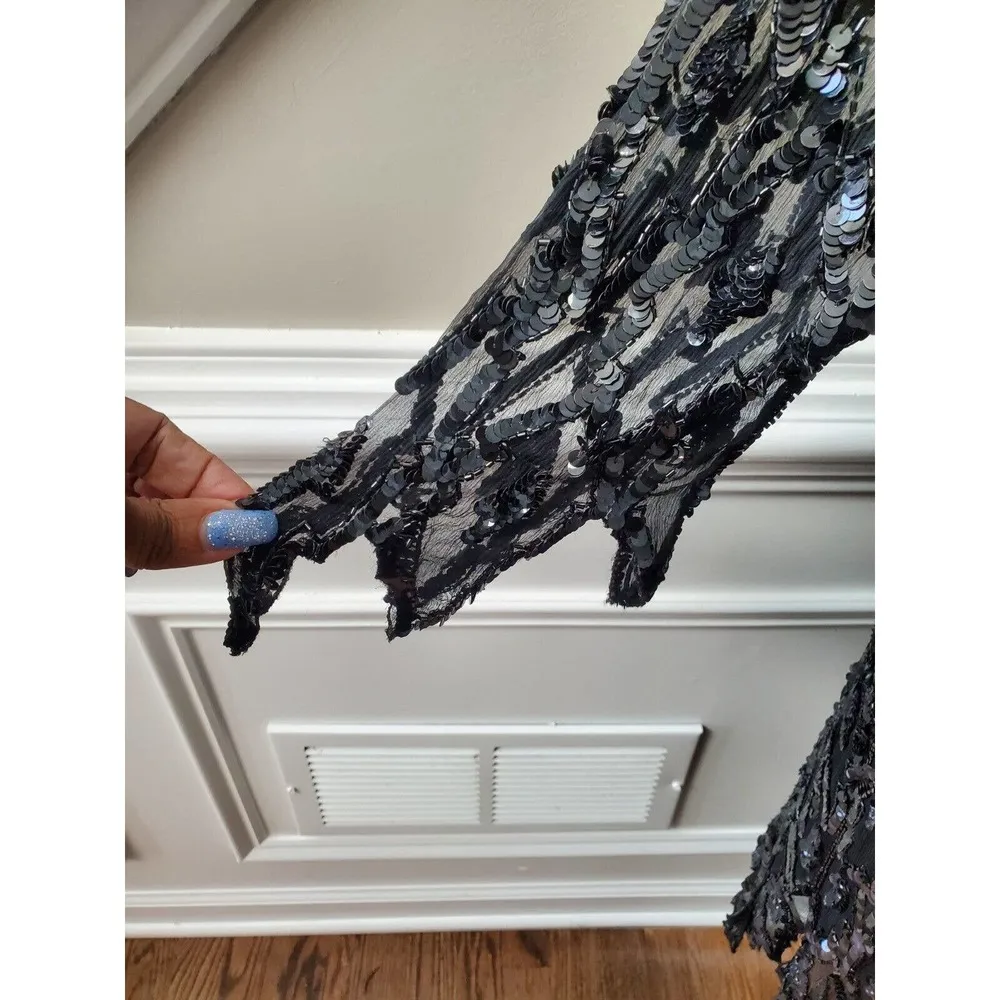 Vintage Black 100% Pure Silk Formal Sequin Long Sleeve Knee Length Dress Medium - Image 5