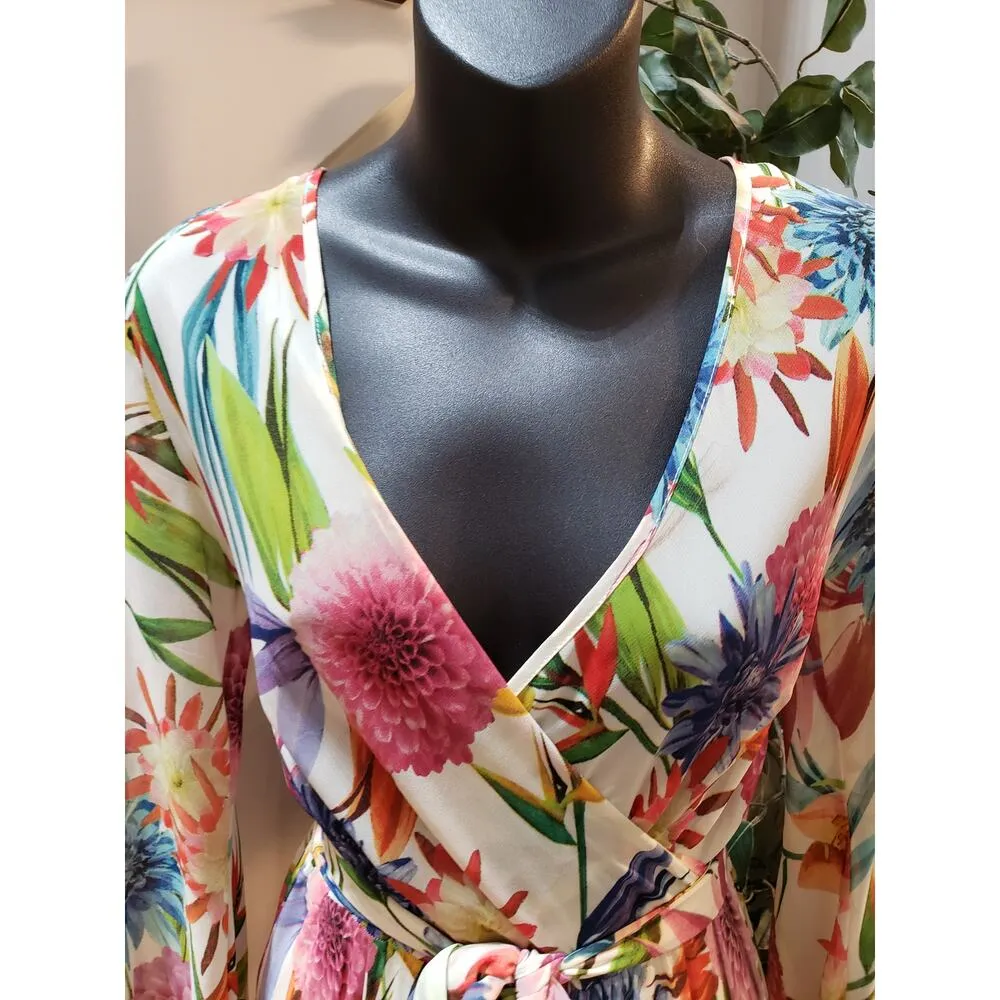 Ark & Co. Long Maxi Dress Womens Small Multi Floral Lined Tie Waist Wrap V Neck Pink - Image 13