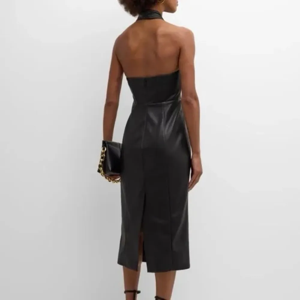 MILLY Women’s Raven Black Vegan Faux Leather Halter Neck Sz 6 Midi Dress BNWT - Image 2