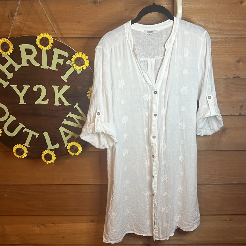 Rosemarine Italian Linen Floral Wood Button Dress Coverup Beach Vacation White M Size M - Image 3