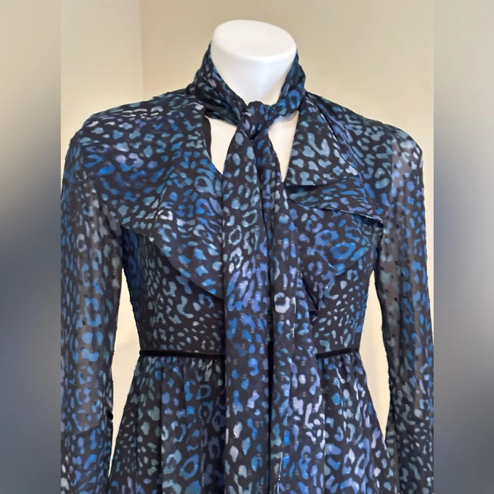 Laundry By Shelli Segal  Blue Cheetah Chiffon Sheer Mini Dress Tie On Neck - Image 2