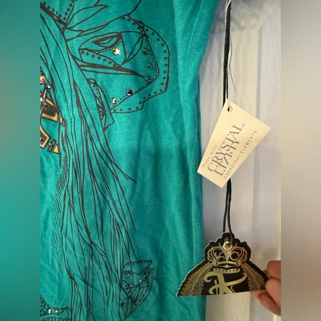 Key Closet Horse Swarovski Studded Short Sleeve Women’s Green Size Small - Image 8