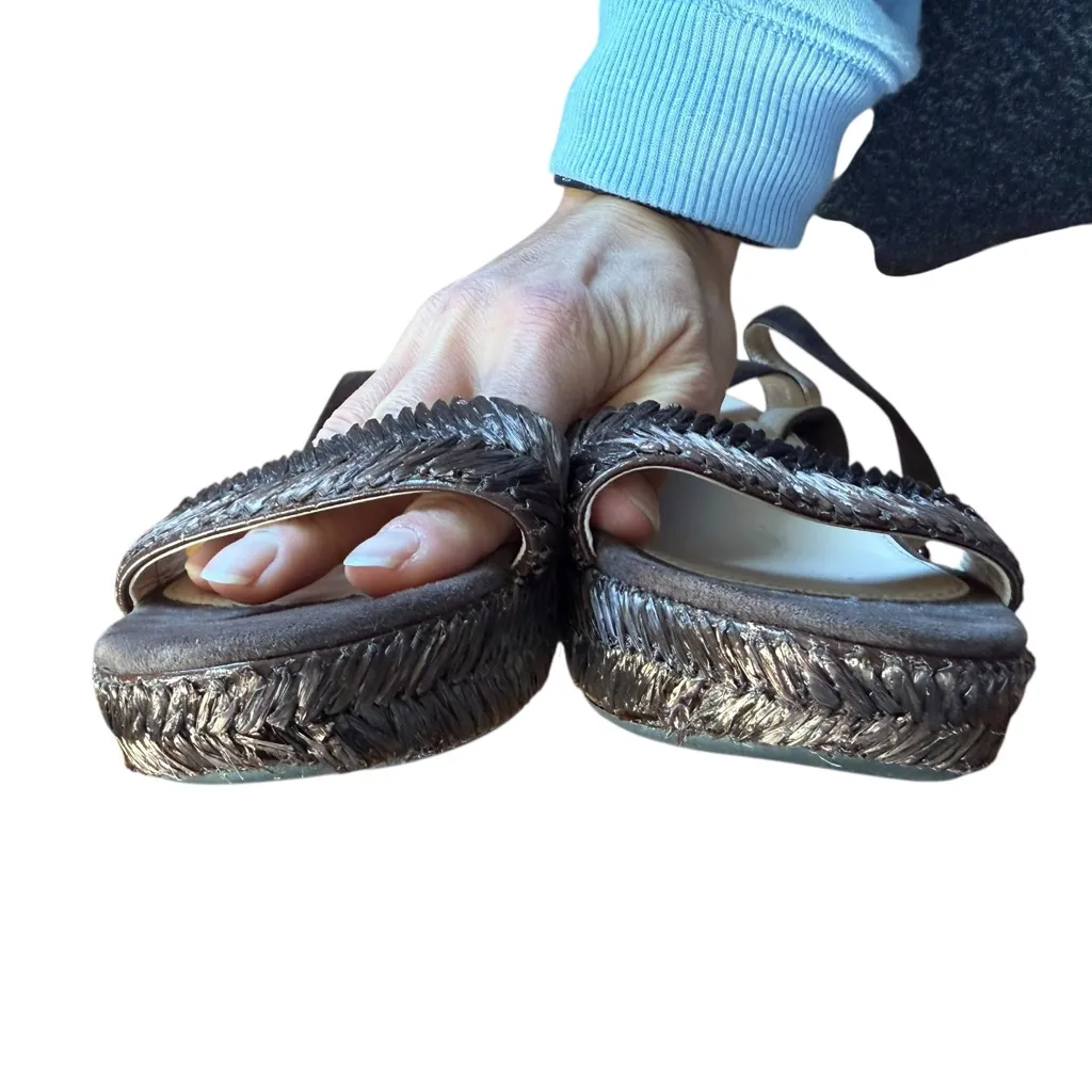 Prada  Brown Raffia Wicker Wedge Sandals - Image 5