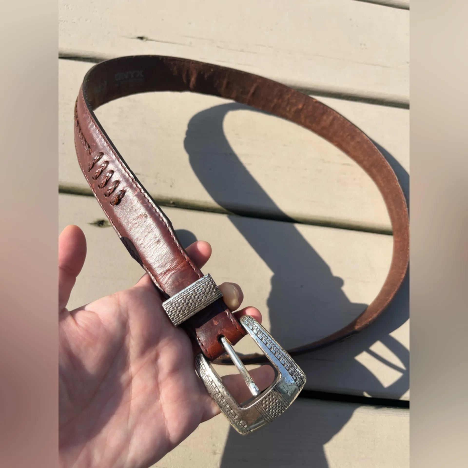 Vintage onyx by Brighton silver hardware trim leather belt with braided detail - Image 2