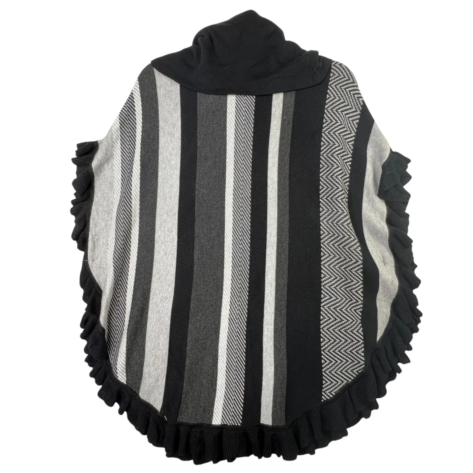 Joseph A. Poncho Sweater M Cowl Neck Striped Ruffles Knit Sleeveless Black Gray - Image 3