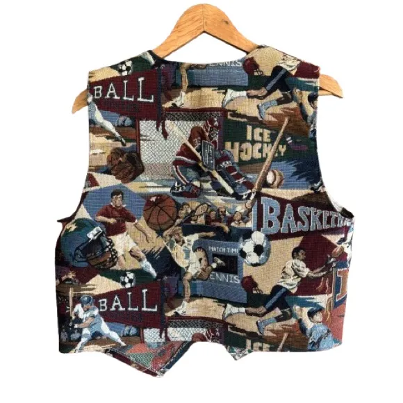 Vintage 1970s Women’s Sports Themed Tapestry Vest Size L Football Baseball Brown Size L - Image 2