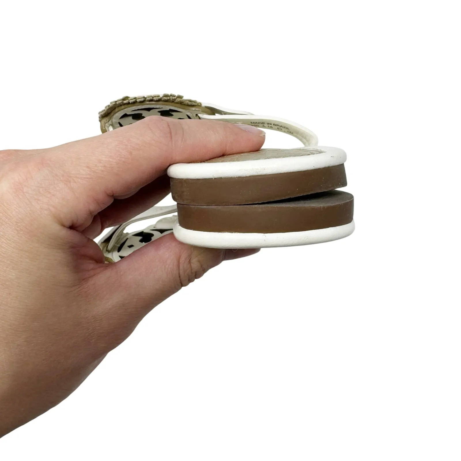 TORY BURCH Metallic Gold Cream Fringe Miller Logo Sandals Flip Flops Size 8 - Image 7