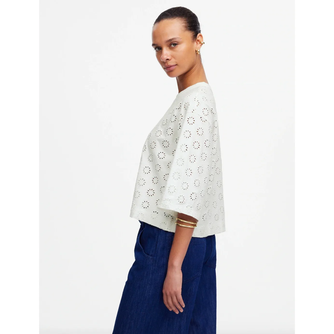 Madewell Embroidered Wide Sleeve Boxy Tee White Cotton Oversized XS NWT - Image 3