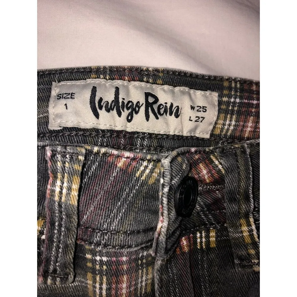 Indigo Rein Womens Plaid Skinny Jeans Size 1 or 25 Black Red Stretch Faded Wash - Image 2
