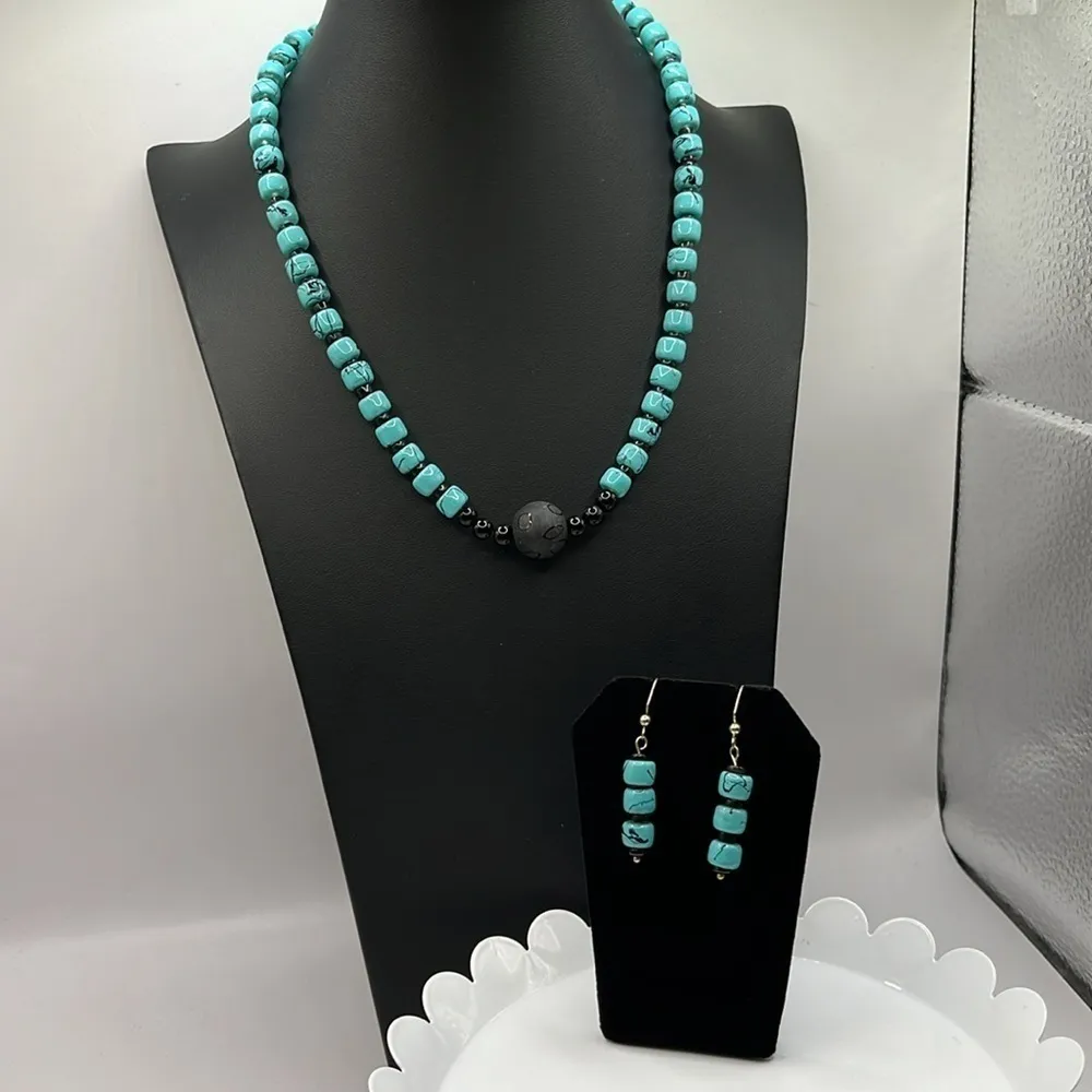 Faux Turquoise Set Necklace,Earrings Blue and Black Beads. Southwestern Western - Image 3