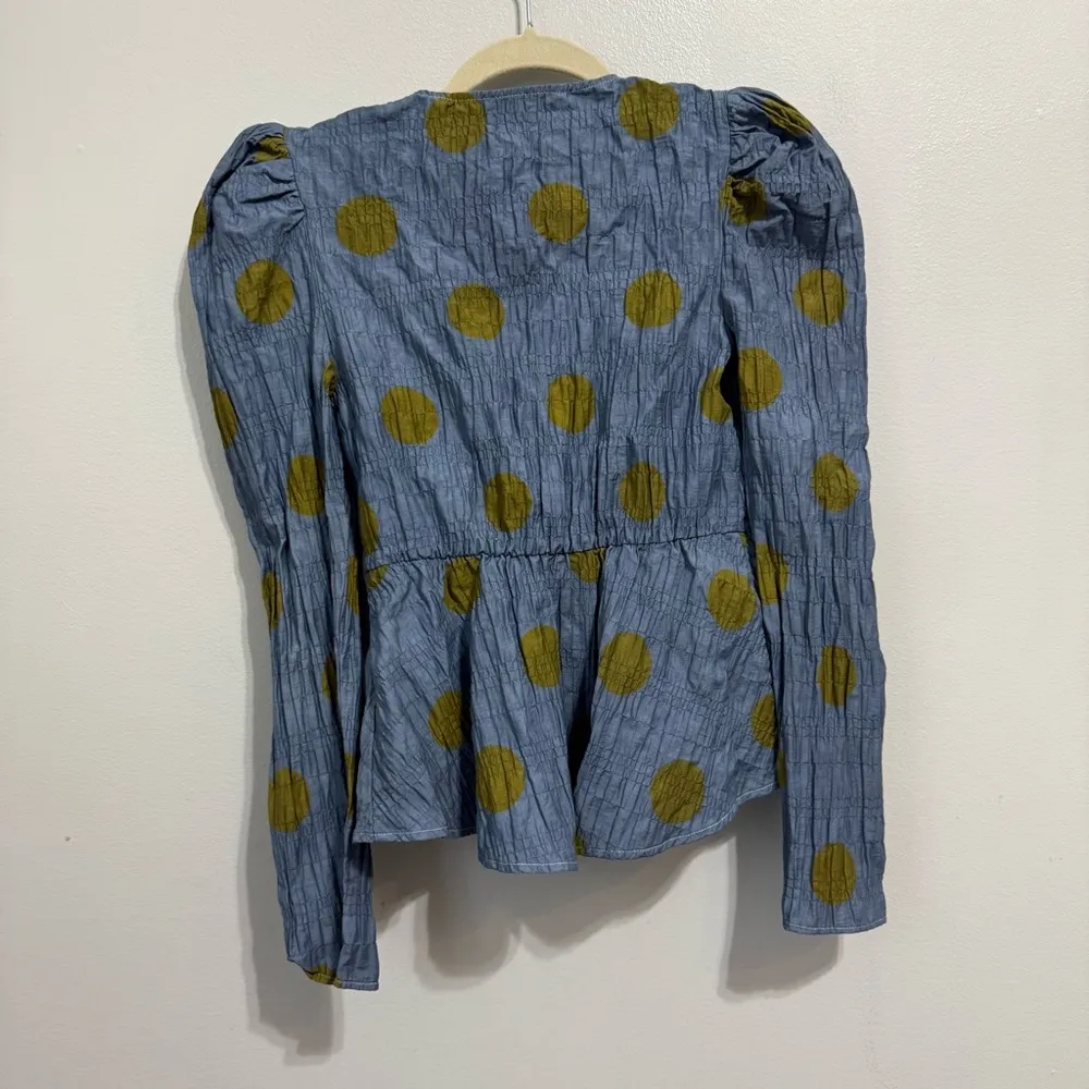 Zara Blue Green Big Spotty Print Bow Long Sleeve Blouse Size XS - Image 9