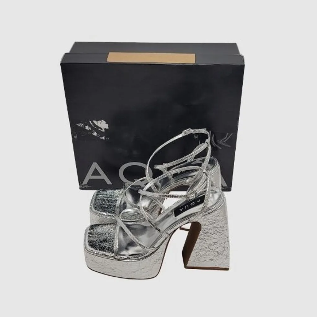 Aqua Chance Strappy Open Toe Platform Block Heels Metallic Silver Sandals Sz 8.5 - Image 3