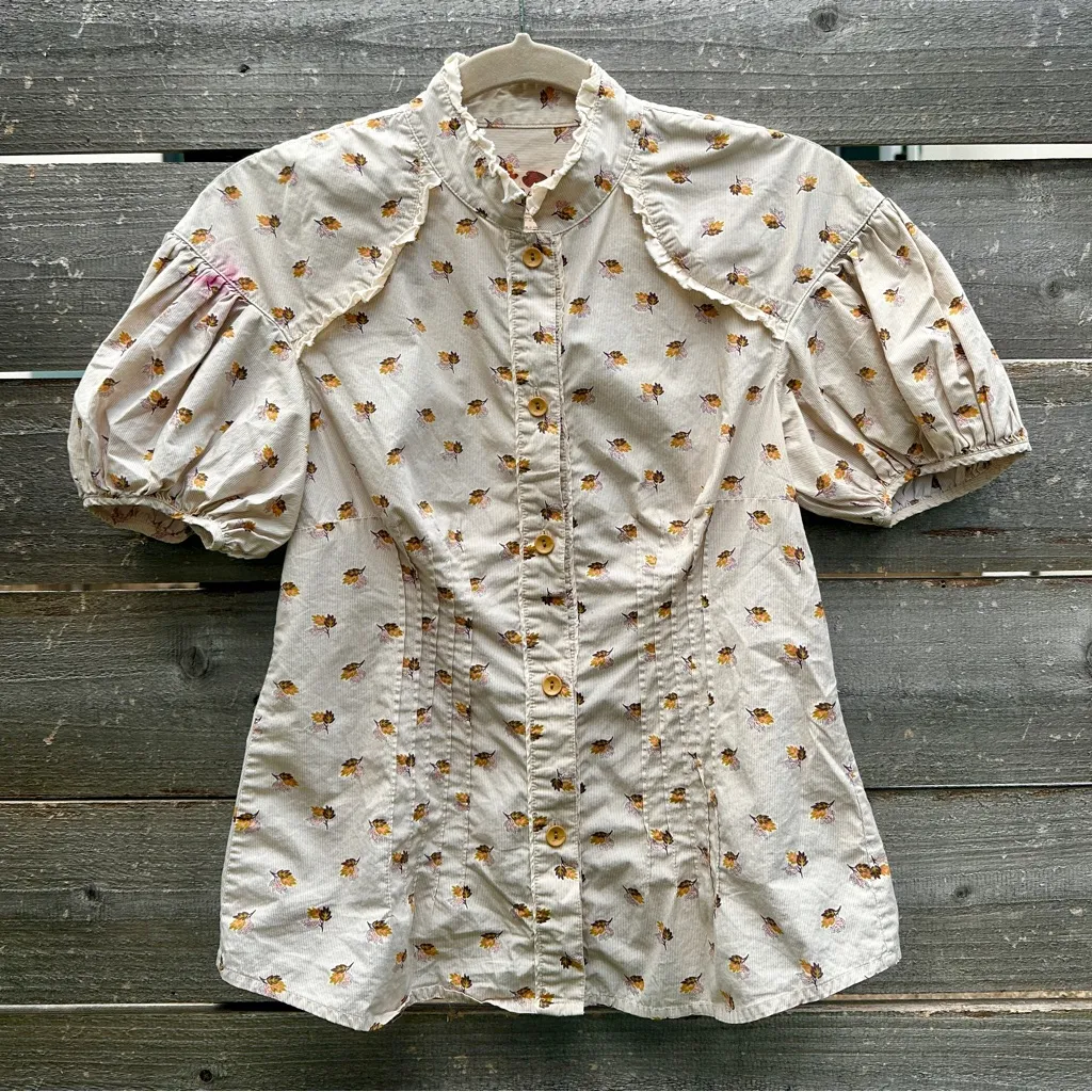 Free People Tiny Floral Bouquets Puff Sleeve Button Down Shirt - Image 2