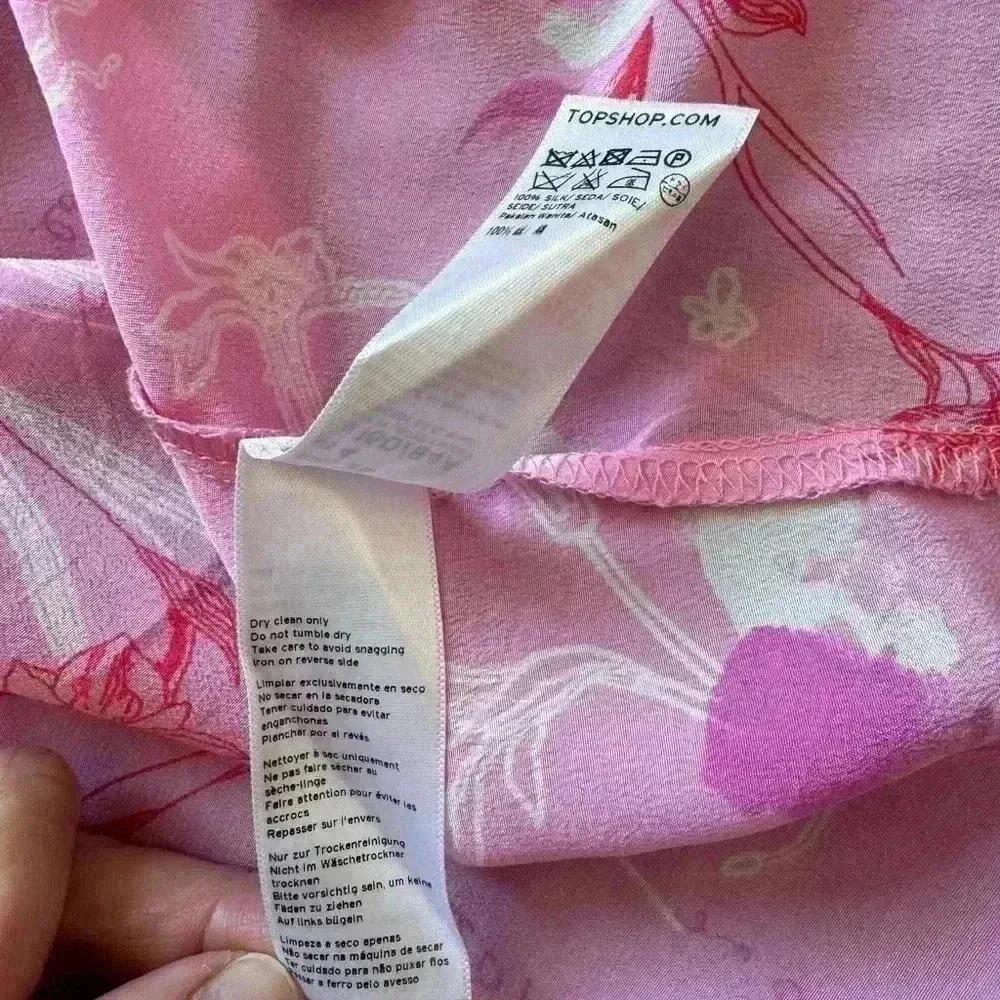 NWOT Women's Topshop Pink Long Sleeve Blouse Size 4 100% Silk Love Neck Tie - Image 7