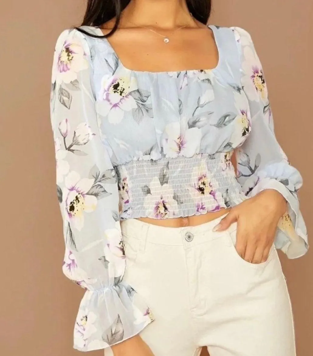  Blue Floral Chiffon Long Sleeve Ruffle Sleeve Top Size Medium - Image 3