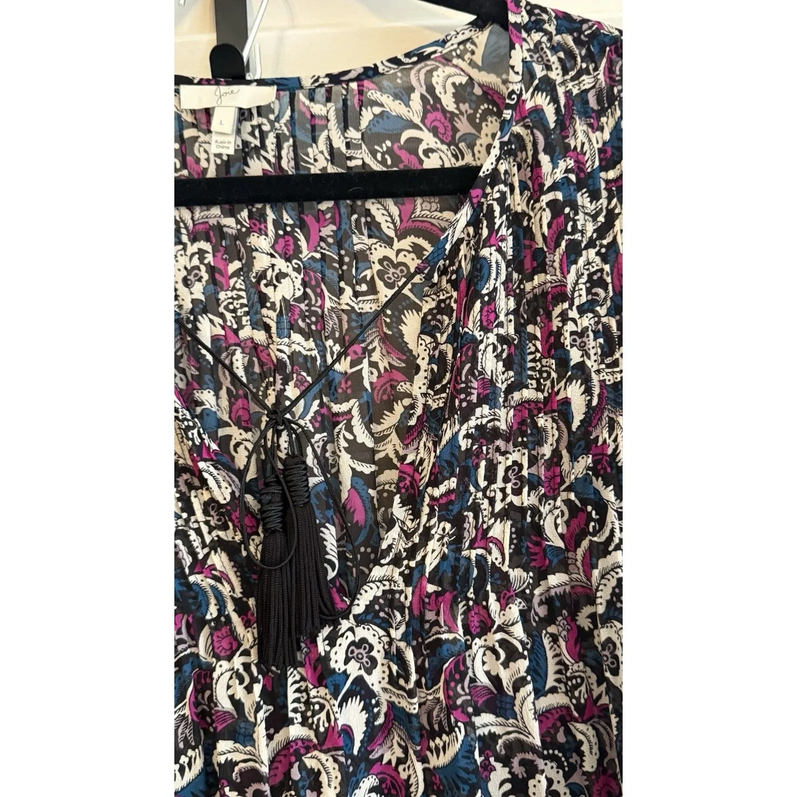 JOIE 100% Silk Paisley Bishop Sleeve Blouse Pleated Tasseled Boho Cottage Size L - Image 5