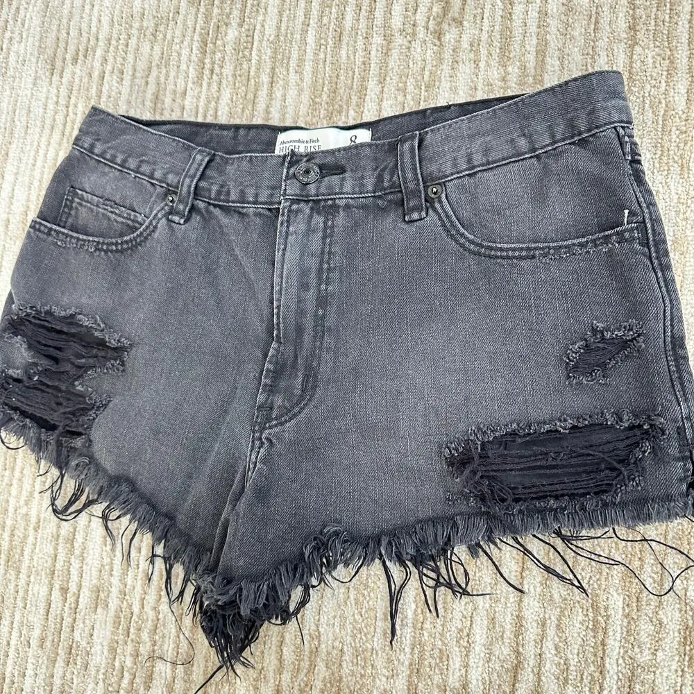 Abercrombie & Fitch Black Ripped Distressed Fringe High Rise Denim Shorts Sz 8 - Image 2