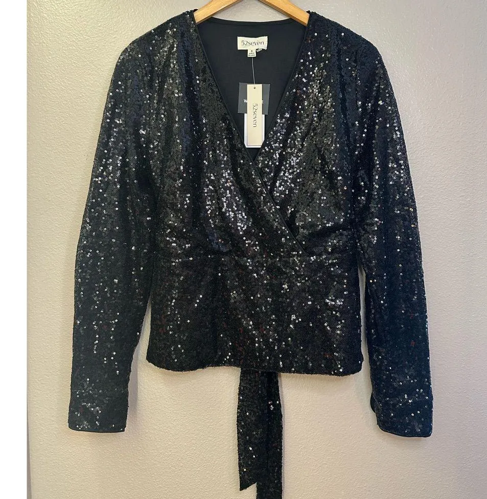 NWT 52Seven Black Sequin Faux Wrap Long Sleeve Blouse - Image 8