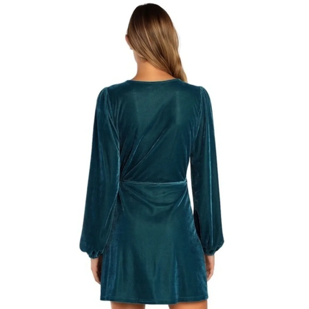 NWT Lulu’s Luxe To The Touch Velvet Long Sleeve Wrap Mini Dress In Teal Blue - Image 13