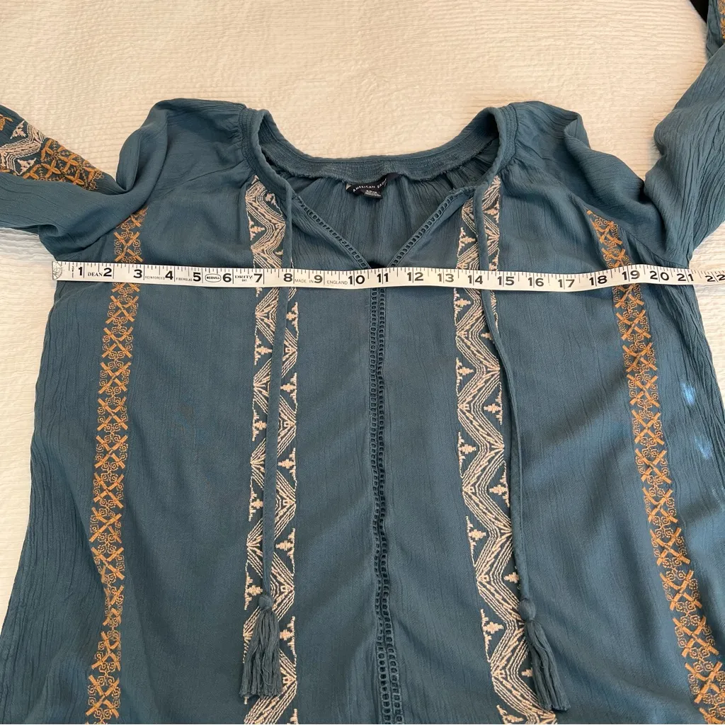 American Eagle blue embroidered top tassel tie shirt S - Image 5