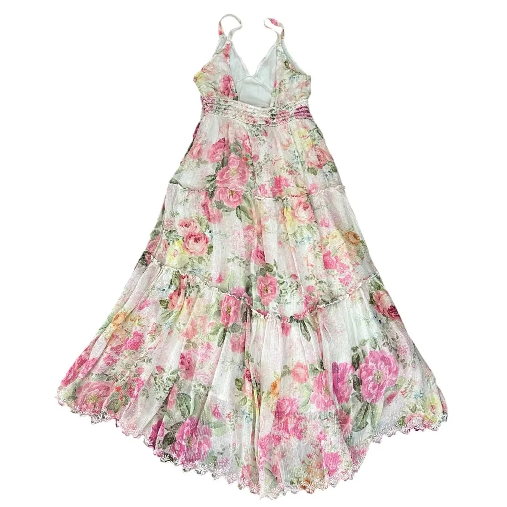 Hemant & Nandita Women’s Anka Pink Floral Peony Tiered White Metallic Midi Dress Size L - Image 7