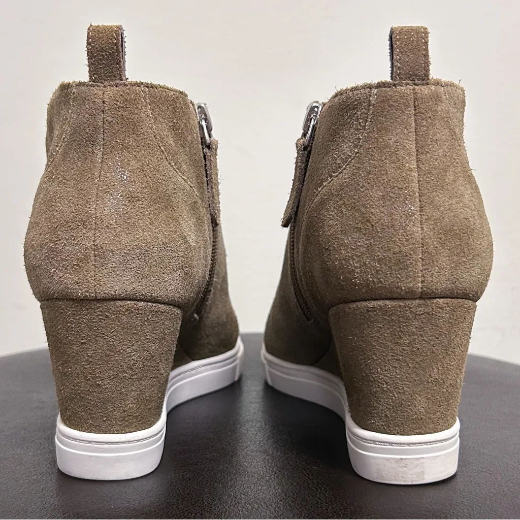 Linea Paolo Taupe Metallic Glitter Wedge Bootie Suede Leather Shoes 9M 9 M Brown - Image 5