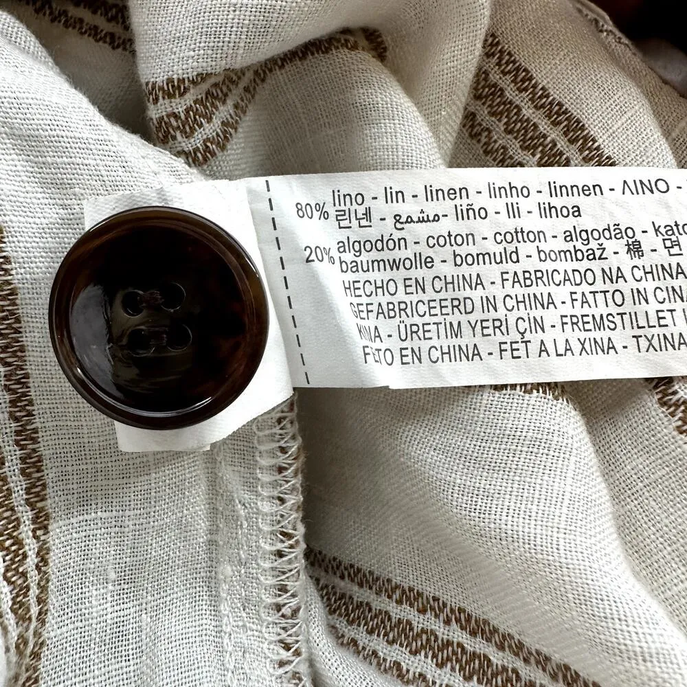 Zara Linen Midi Shirt Dress Striped Side Slit Button Down Collar Brown White L - Image 4