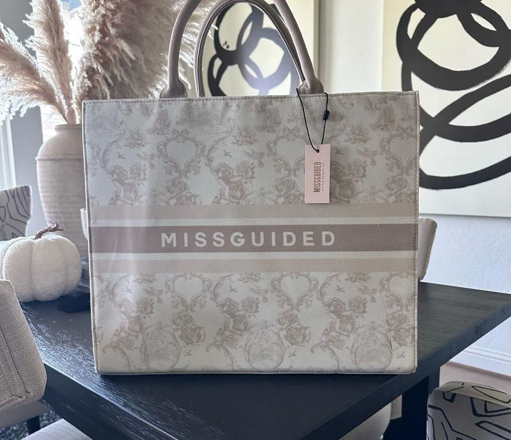 Missguided  beige logo oversized XL canvas structured tote bag purse laptop - Image 3