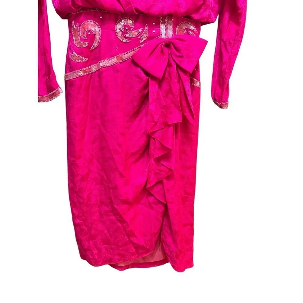 Spenser Jeremy Vintage 90s Hot Pink Magenta 100% Silk Beaded Midi Dress w/ Bow s Size 8 - Image 11