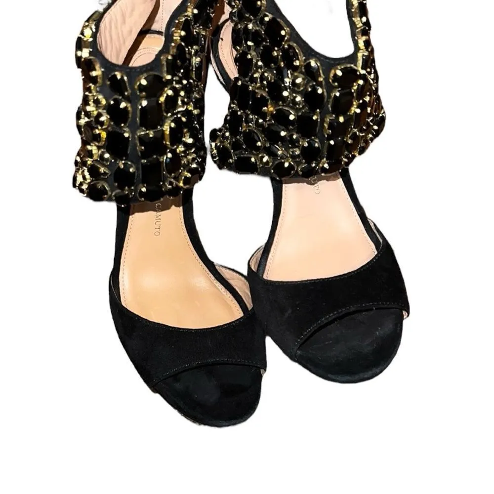 Vince Camuto Signature Elegant Black Suede and Gold Women's Sandals 8 M - Image 2