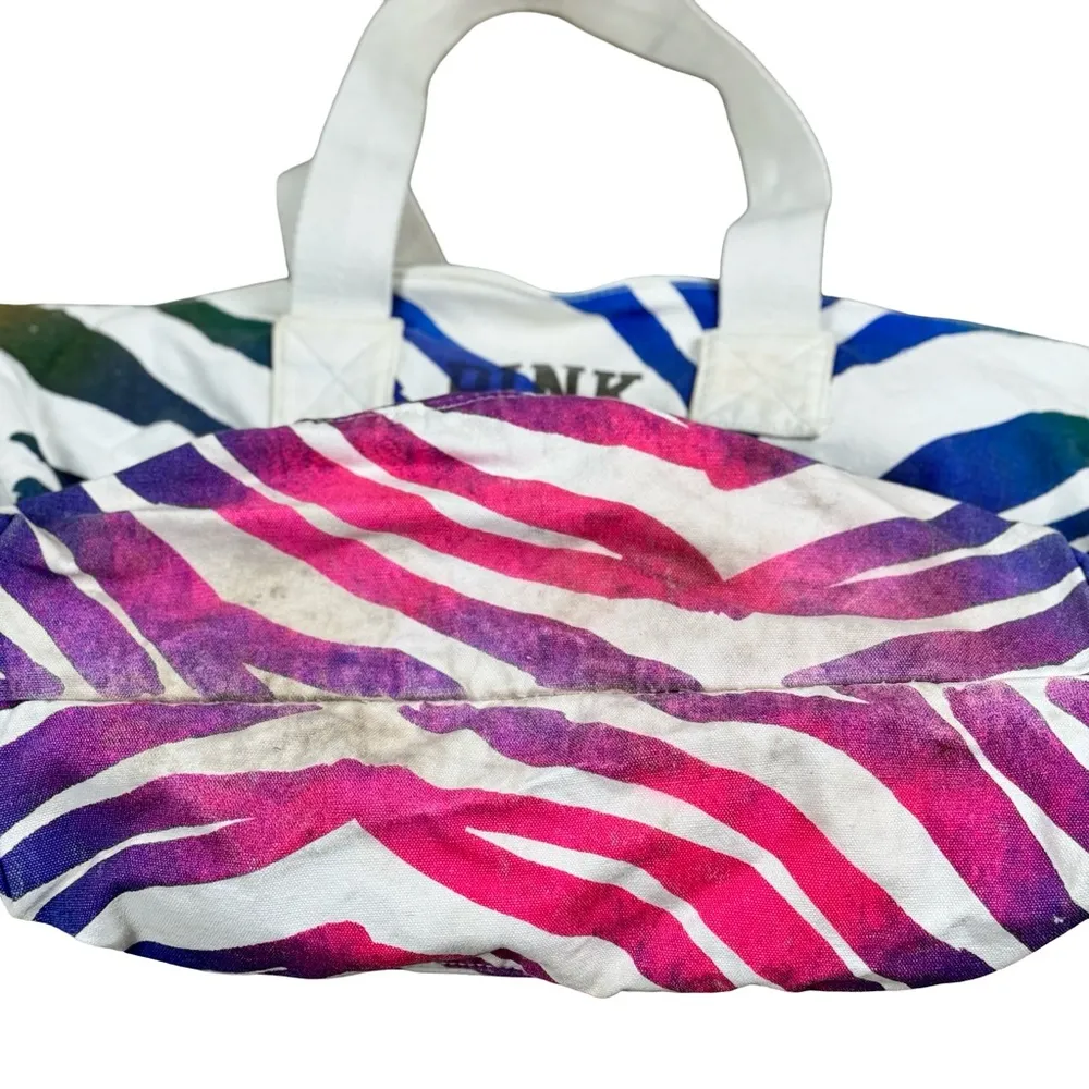 Vintage PINK Victoria's Secret Zebra Multicolor Canvas Tote Beach Travel Bag - Image 11