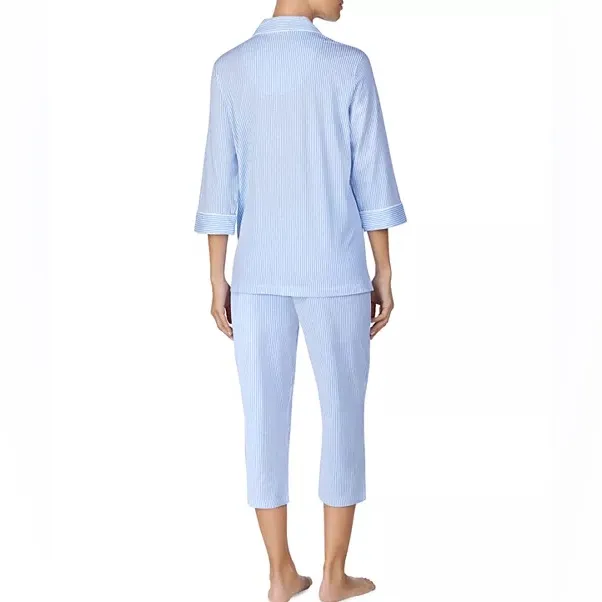 Lauren Ralph Lauren Bingham Knit Monogram Jersey Cropped Blue Striped Pajama Set - Image 2