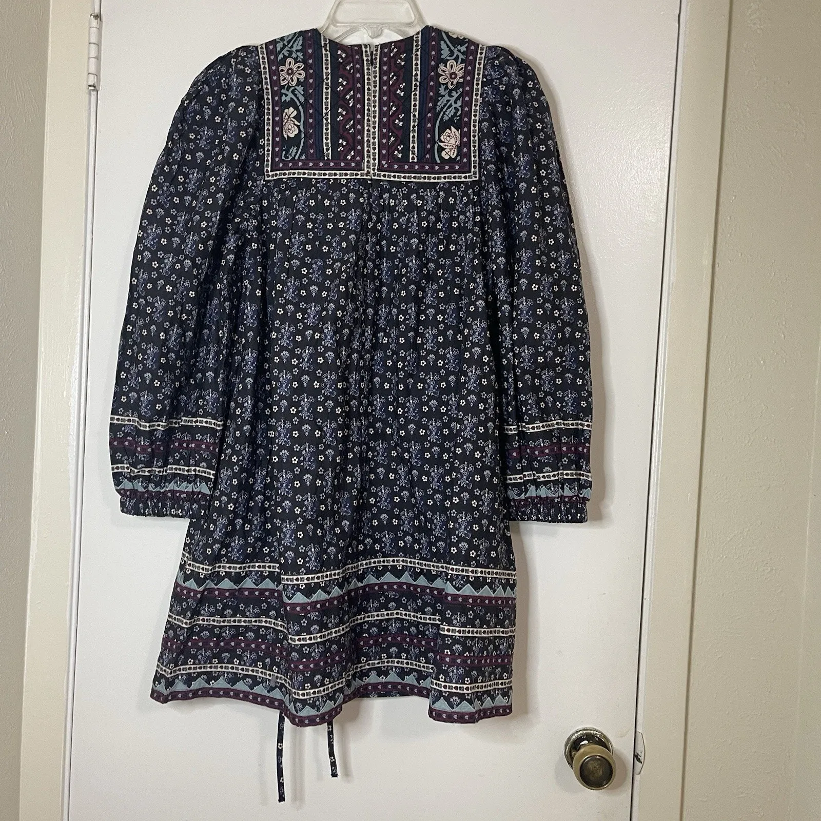 NEW SEA NY Perry Border Puff Sleeve Tunic Embroidered quilted floral Dress XS Blue - Image 11