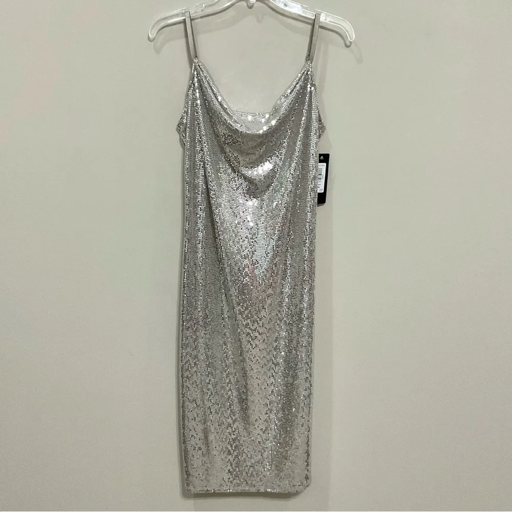 bebe Silver Sequin Slip Dress Sz XL NWT Cowl Neck Party Evening Sexy Mini - Image 2