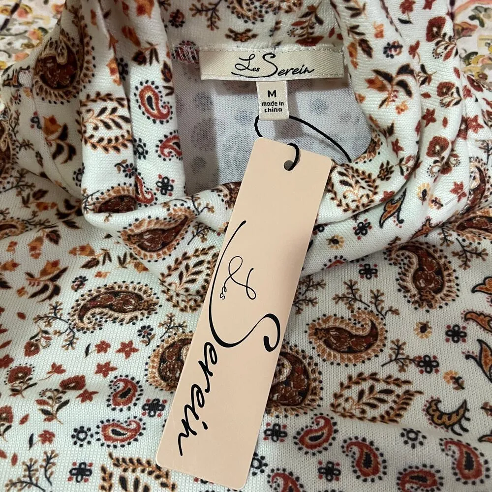 Les Serein MEDIUM Puffy Shoulder Detail Turtleneck Pasiley Print Soft Pullover Brown - Image 7