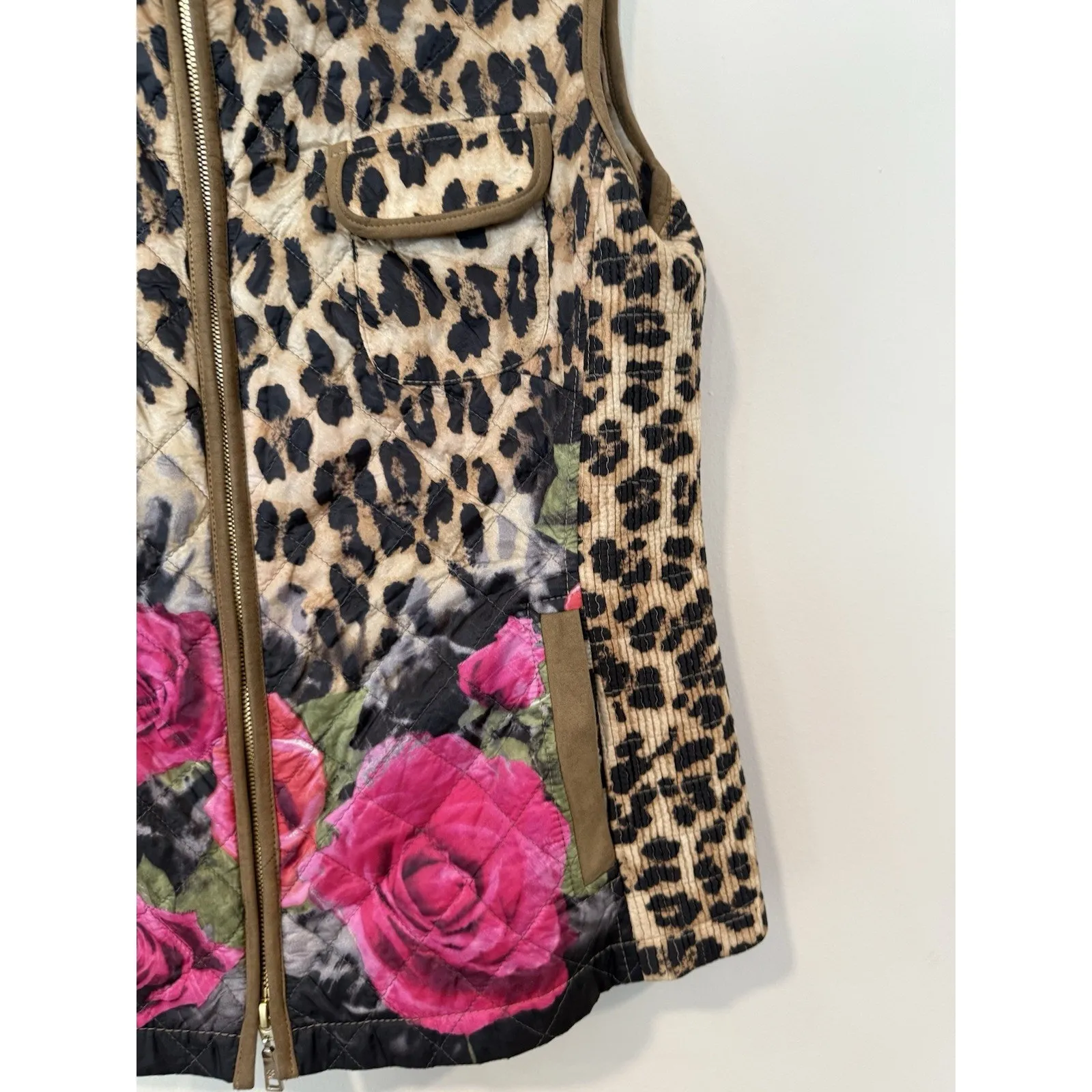 BASLER Y2K Animal Print Flower Lightweight Vest Womens Full Zip Size L 40 2245 Brown Size L - Image 6