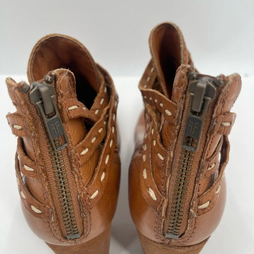 FRYE Boots Size 7.5 Naomi Pickstitch Brown Block Heeled Leather Bootie Zipper - Image 9
