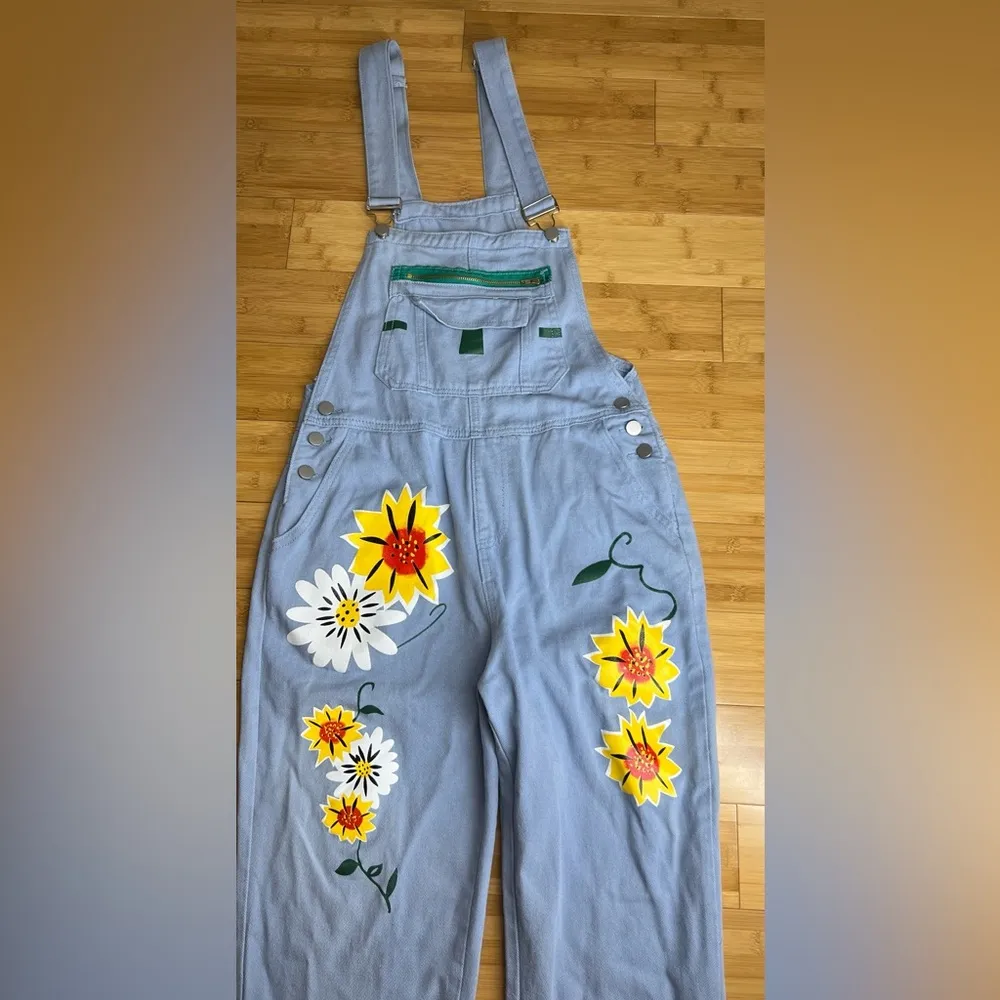 Women Adjustable Casual Jean Bib Overall Dungarees, Floral|Hippie, BOHO|Size:M Blue Size M - Image 10