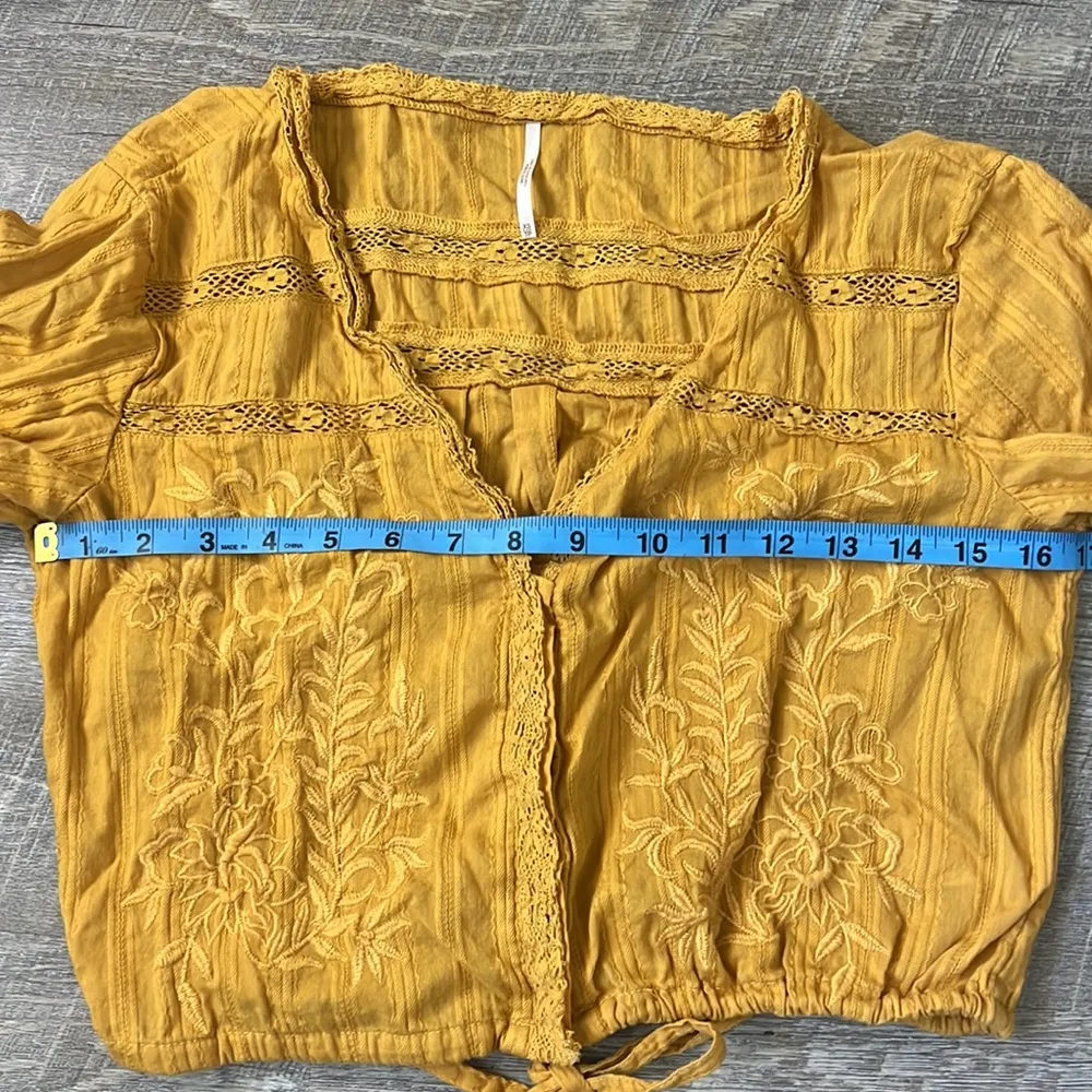 Free People Embroidered Golden Mustard Yellow Follow Your Heart Crop Top SZ XS - Image 3